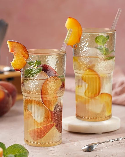 Joeyan 22 oz Amber Glass Tumbler with Straw and Lid for Iced Tea Coffee Smoothie Water Juice Beverages Soda,Ribbed Glasses Cups,Borosilicate Drinking Jar,Set of 2,Dishwasher Safe