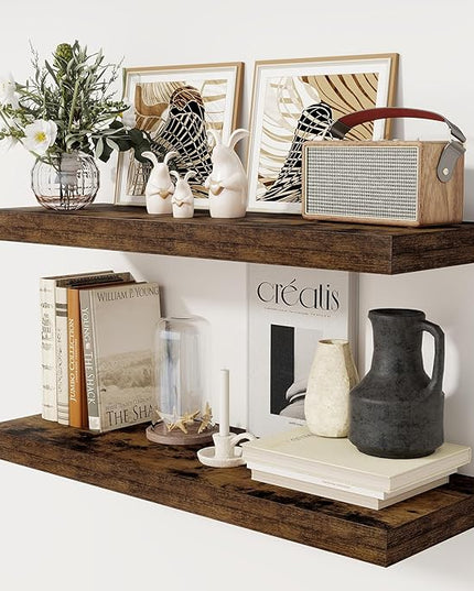 Floating Shelves 36 Inch Long, 12 Inch Deep Floating Shelves for Wall, 36 x 12 Shelves for Wall Storage & Display, 2" Thick Floating Shelf for Bathroom, Living Room, Rustic Brown Color, Set of 2