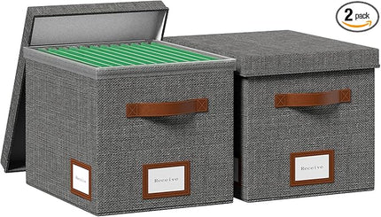 File Organizer Box with Lid File Box for Hanging Decorative File Organizer with One-Piece Integrated Plastic Slide Rail(Grey, 13.2x10.1x10.1inch(2pack))