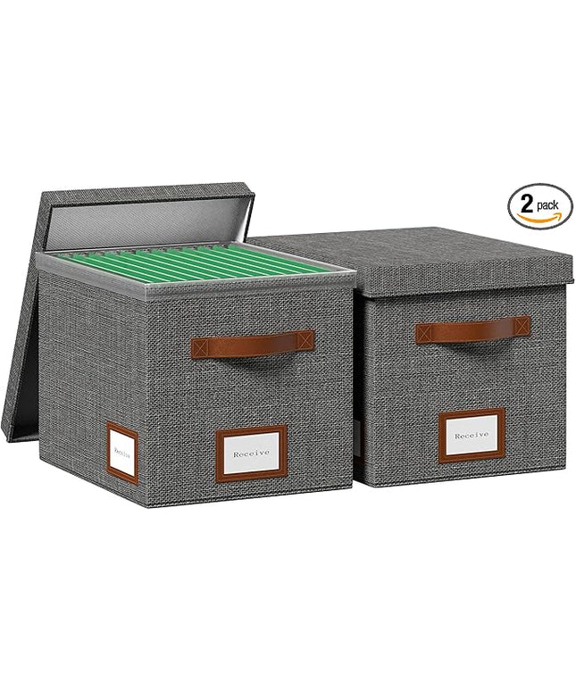 File Organizer Box with Lid File Box for Hanging Decorative File Organizer with One-Piece Integrated Plastic Slide Rail(Grey, 13.2x10.1x10.1inch(2pack))