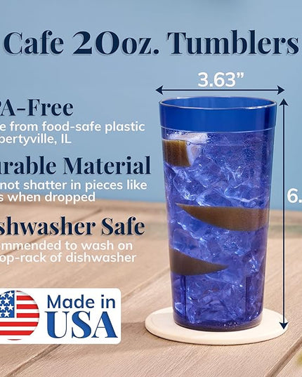 US Acrylic Cafe Plastic Reusable Tumblers (Set of 16) 20-ounce Water Cups Coastal Colors | Restaurant Style Drinking Glasses Value Set, Stackable, BPA-free, Made in the USA | Top-rack Dishwasher Safe