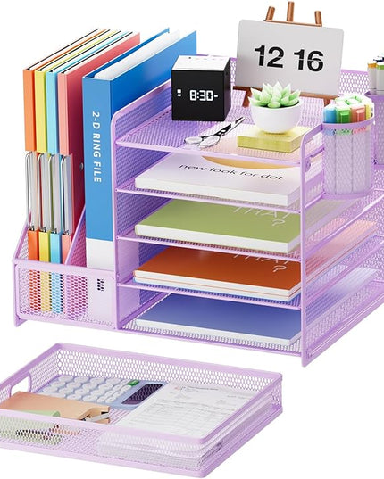 Marbrasse Desk Organizer with File Holder, 5-Tier Paper Letter Tray Organizer with Drawer and 2 Pen Holder, Mesh Desktop Organizer and Storage with Magazine Holder for Office Supplies(Purple)