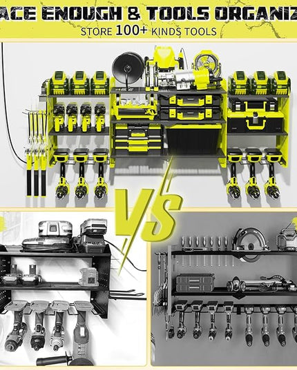 45" Large Power Tool Organizer Wall Mount with Charging Station - 3 Layer Storage Racks with 8 Cordless Drill Holder, 4 Hooks, Heavy Duty Garage Tool Organizer Storage for Workshop Pegboard Basement
