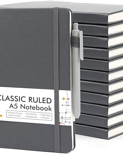 12 Pack Notebooks Journals Bulk with 12 Black Pens, Feela A5 Hardcover Notebook Classic Ruled Journal Set with Pen Holder for School Business Work Travel Writing, 120 GSM, 5.1”x8.3”, Gray