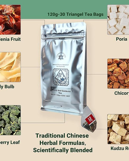 ADMIRINGAZELAND Chicory & Gardenia Tea with Mulberry Leaf, 30 Count - Pyramid Teabags, 6 Ingredients - Lily Bulb, Poria, Kudzu Root - Chinese Herbal Blend, Night Harmony Tea, 4.2 oz