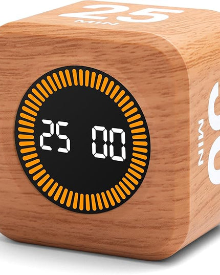 Exlliy Rotating Productivity Timer 5, 25, 10, 50 Minutes Preset, Desk Cube w/Gravity Sensor for ADHD, Mute Functions, Ideal for Work, Study, Kitchen, Back to School (1, Wood Grain Finish)