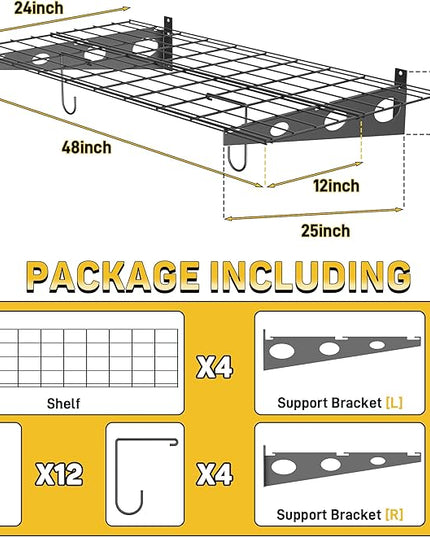 Ultrawall Garage Wall Shelves, 2 x 4 ft Wall Mounted Storage Shelves, Heavy Duty Wall Shelving with Hooks, Holds Up to 220 Lbs, 2Pack, Black