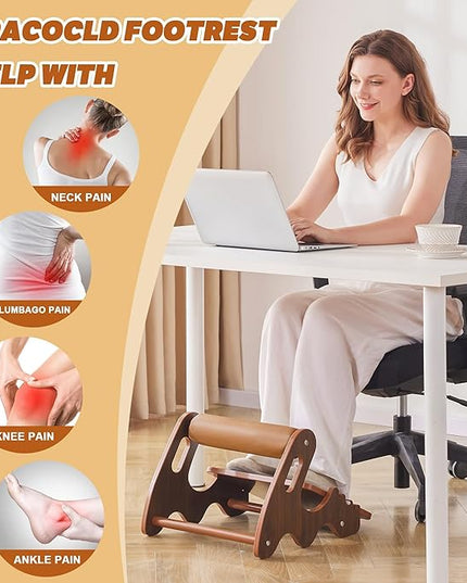 Foot Rest for Under Desk at Work- Adjustable Rocking Foot Stool with 3 Height Positions and Soft Crossbar, Ergonomic Wooden Footrest with Anti-Slip Surface for Home, Office