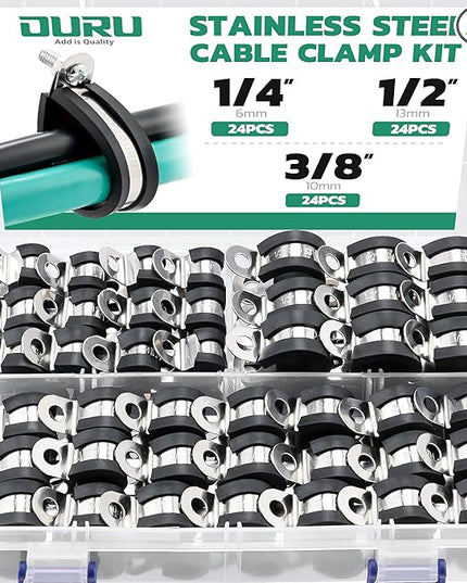 OURU 72PCS Stainless Steel Cable Clamp,Rubber Coated Cushioned Insulated Cable Clamps Assortment Kit-Metal Wire Clamps,Cable Clips,Pipe Clamps