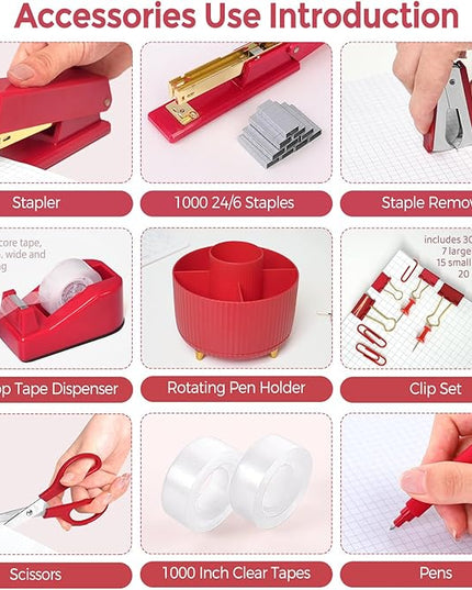 SKYDUE Red Office Supplies Set, Pencil Holder for Desk, Stapler, Tape Dispenser, Scissors,Clips and 1000pcs Staples, Office Decor for Women, Red Desk Accessories