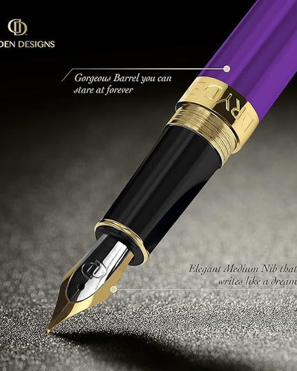 Dryden Designs Fountain Pen. Medium Nib Premium Box | 6 Ink Cartridges Included (Decadent Purple)