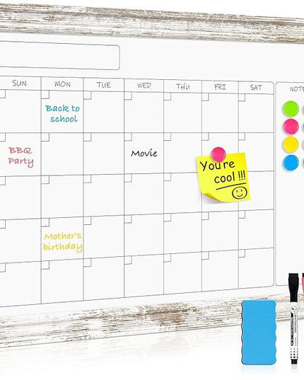 Monthly Dry Erase Calendar Whiteboard for Wall, 24" x 18" Magnetic White Board Calendar Board - Rustic Vintage Wooden Frame