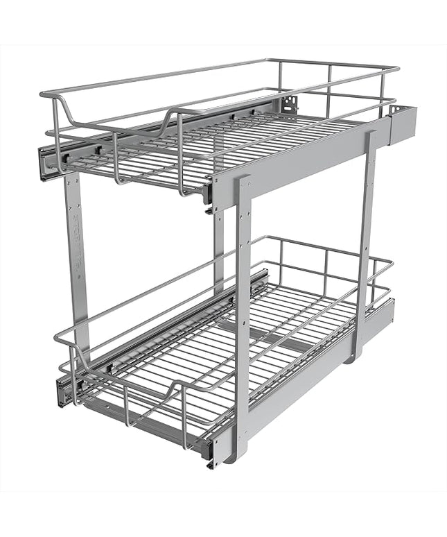 2 Tier Pull Out Cabinet Organizer 11" W X 22" D, Slide Out Drawers For Kitchen Cabinets, Pull Out Drawers For Cabinets Capacity Heavy Duty Caddy, Cabinet Pullout Shelves Chrome-Plated, Bathroom Pantry