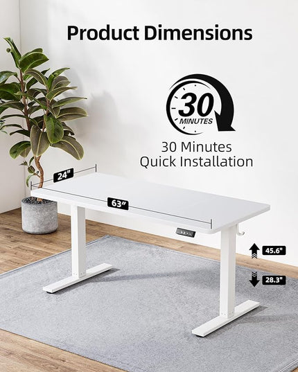 TIQLAB Standing Desk 63 x 24 inch, Electric Height Adjustable with Splice Board, Sit Stand Desk, for Home Office, White