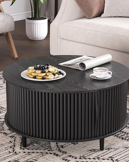 JOINICE,Black Round Coffee Table with Storage, 31.5" Fluted Center Table with Sliding Door, Modern Circle Drum Accent Table for Living Room, Sleek Wood Furniture for Small Spaces & Apartments