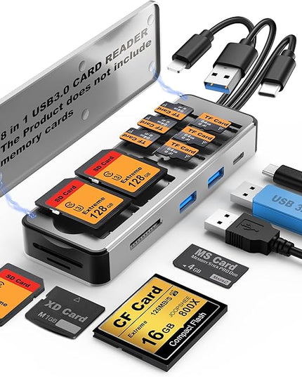 8in1 Multi SD Card Reader Adapter Aluminum with Card Storage Carrying Box SD/TF/CF/MS/XD/Cfast/Memory Stick Pro Duo USB3.0 C&A Port for Phone/Pad/PC/Laptop,No Application Required Plug and Play