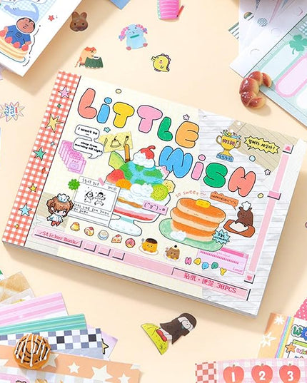 Japanese Manga Style Sticker Book with 30 Sheets of Glitter Sand, Matte Film and Writable Note Stickers for DIY Scrapbooking Journaling(Little Wish)