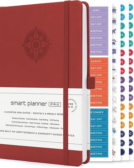 Smart Planner Pro – Undated Daily Planner – Small A5 – Achieve Goals & Increase Productivity – Weekly, Monthly, Work Sections, Organizer Diary with Back Pocket, 3 Satin Bookmarks & Pen Holder