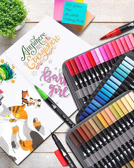 100 Colors Duo Tip Brush Markers Art Pen Set, Fine Brush Tip Colored Pens Set with Canvas Bag,Adult Coloring Books Drawing Sketching Calligraphy