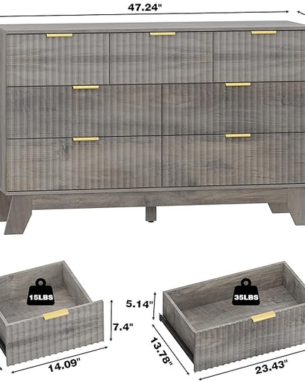 HUANLEGO Fluted Dresser for Bedroom with 7 Drawer, Mid Century Modern Chest of Drawers, 48" Wide Natural Wood Dresser for Closet, Wooden Boho Chest Closet Storage TV Stand for Bedroom, Grey