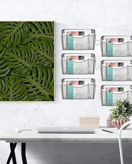 EASEPRES 6 Single Pocket Mesh Hanging File Organizer, Vertical Wall Mounted Magazine File Holder, Mount Basket Mail Paper Document Folder Organizing for Office, Home and School, Silver
