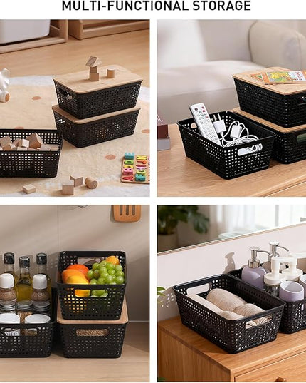 Storage Bins with Lids 8 Packs, Plastic Storage Bins with Bamboo Lids for Pantry Organization and Storage Containers for Shelves Drawers Desktop Closet Playroom Classroom Office Home, Black