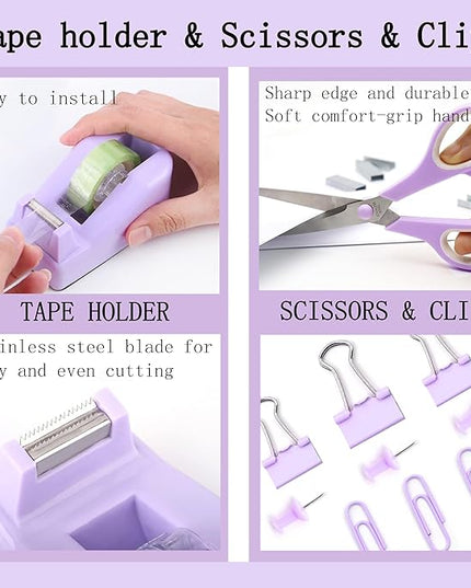 Purple Office Desk Accessories Supplies, 12pcs Desk Organizers and Accessories with Tape dispenser and Stapler,Staples,Staple Remover,Pen Holder,Scissor,Ruler,Sticky Tabs,Tape,Ballpoint Pen,Clips Set