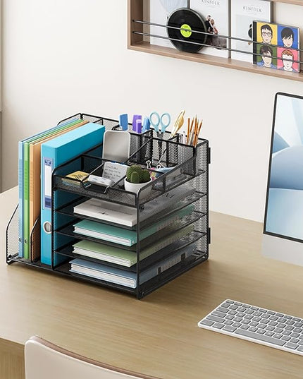 Lavatino Desk Organizer, 5-Tier Metal Mesh Paper Letter Tray with 2 File Holders & 7 Flexible Dividers for Office or Home Desk Organizers and Accessories, Keep Workspace Supplies Neat, Black