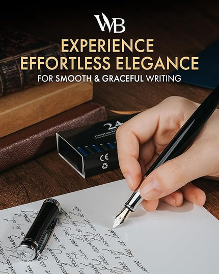 Wordsworth & Black Fountain Pen Set, Fine Nib, Includes 24 Pack Ink Cartridges, Ink Refill Converter & Gift Box, Chrome Finish, Calligraphy, [Black Chrome], Perfect for Men & Women