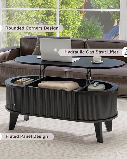 LYNCOHOME Fluted Lift Top Coffee Table with Storage,Modern Oval Coffee Table for Living Room or Home Office(Black)
