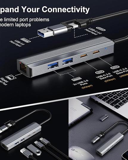 5-in-1 USB C Hub Adapter with Gigabit Ethernet, 2X USB 3.0 Ports, 2X USB C Data Ports, for Windows MacOS Linux Computers and Laptops