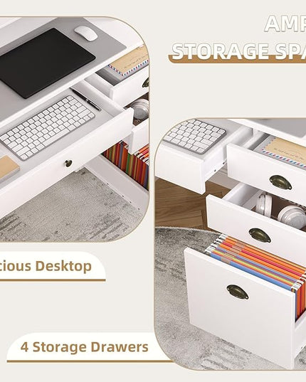 4 EVER WINNER White Desk with Drawers, Small Desk with File Drawer for Small Spaces, Writing Desk with Monitor Stand Wood Table for Home Office, White