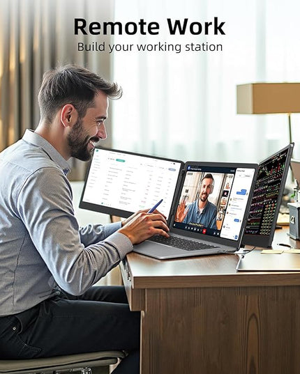ZUMWALT Laptop Screen Extender, 14" Triple Portable Monitor for Laptop, 1080P FHD Screen Extender Monitors for 13"-16.5", Monitor Extender for MacOS/Windows/Chrome (Built-in Speakers)
