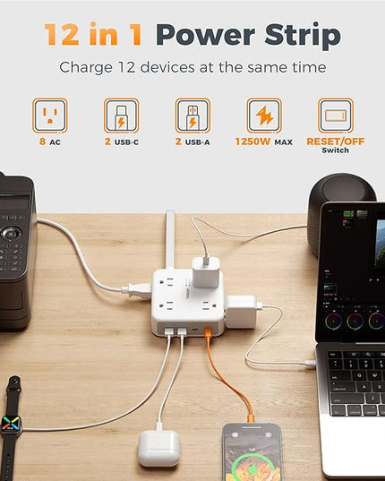 TESSAN 10 Ft Surge Protector Power Strip, 4 USB(2 USB C) 8 Outlets, Flat Plug Extension Cord with Multiple Outlets, 2100J Protection, 20W Desk Charging Station for Home, Office, Dorm Room Essentials
