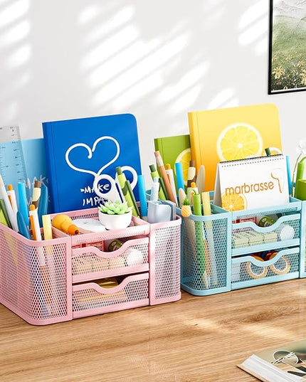 Marbrasse Mesh Desk Organizer, Pen Organizer with 2 Drawer, Multi-Functional Pencil Holder, Desk Organizers and Accessories with 5 Compartments + Drawer for Office Art Supplies (Blue)