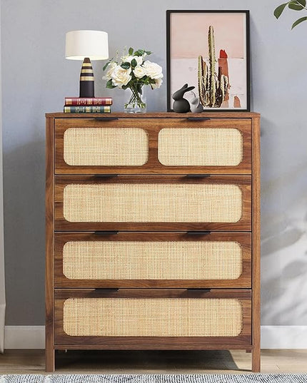 LEVNARY 4 Drawer Dresser for Bedroom, Rattan Dresser Drawers Storage Cane Cabinet, Wooden Chest of Drawers for Bedroom, Entryway, Living Room (1, Walnut)