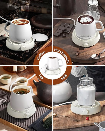 SWEETFULL Mug Warmer for Coffee and Tea Coffee Mug Warmer Set W/Mug and Lid Coffee Warmer As Coffee Gifts for Desk Office Coffee Lovers. （20W Cup Warmer Candle Warmer Auto Shut Off）