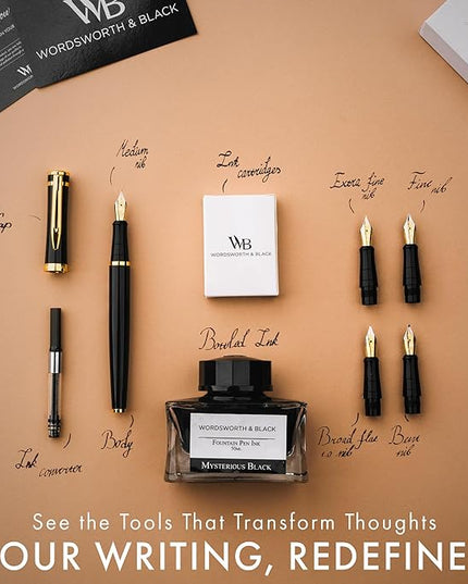 Wordsworth & Black Fountain Pen Gift Set, Includes Bottle, 6 Cartridges, Refill Converter, 4 Replacement Nibs, Premium Package, Journaling, Calligraphy, Smooth Writing Pens [Black Gold]