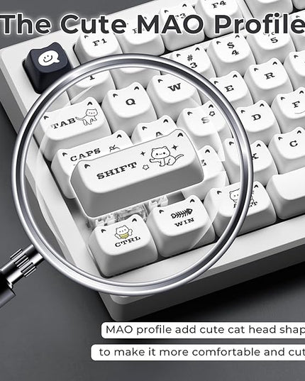 XVX Cute Cat Keycaps, Mao Profile White PBT Keycaps, 143 Keys Meow Meow Keyboard Keycap Sets Compatible with 65% 75% 96% 100% Cherry Gateron MX Switches Mechanical Gaming Keyboard