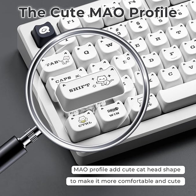 XVX Cute Cat Keycaps, Mao Profile White PBT Keycaps, 143 Keys Meow Meow Keyboard Keycap Sets Compatible with 65% 75% 96% 100% Cherry Gateron MX Switches Mechanical Gaming Keyboard