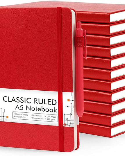 feela 12 Pack Notebooks Journals Bulk with 12 Black Pens, A5 Hardcover Notebook Classic Ruled Journal Set with Pen Holder for School Business Work Travel Writing, 120 GSM, 5.1”x8.3”, Red