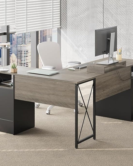 Bestier L Shaped Desk with 4 Drawers, 63" x 47" Executive Desk with Open Storage & Monitor Stand, Corner Desk with 2 File Drawers & Modesty Panel for Home Office, Gray