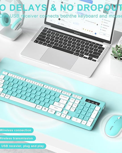 RECCAZR Wireless Keyboard and Mouse Combo, Full-Sized Keyboard and Adjustable DPI Mouse, 2.4GHz USB Receiver, Wireless for PC, Windows, Desktop, Laptop (Blue)