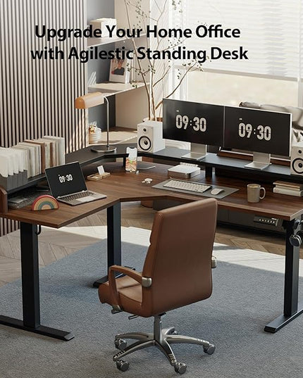 Agilestic L Shaped Standing Desk, Adjustable Height Corner Gaming Desk with Shelf, Sit Stand Up Desk, 63 x 55 Inch Home Office Computer Table, Dark Walnut