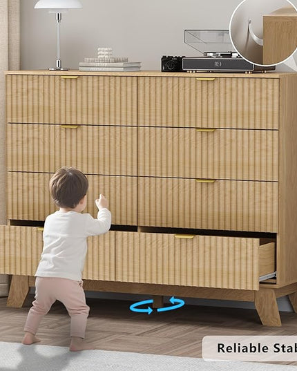 BORNOON Fluted 8 Drawer Tall Dresser, 47.2" Wide Modern Boho Chest of Drawers, Wooden Storage Dresser TV Stand for Bedroom, Living Room, Closet, Hallway, Curved Profile Design