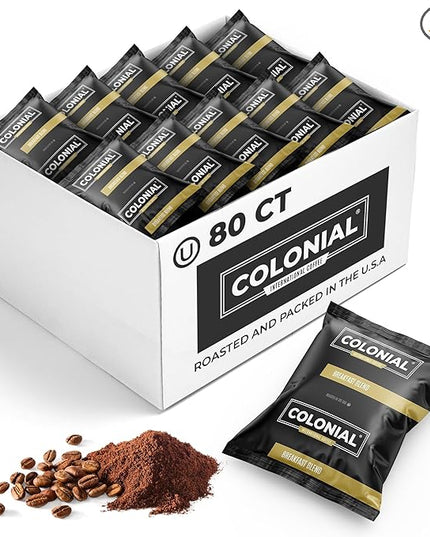 Colonial Coffee 80 Count Single Pot Coffee Packets – 100% Arabica Breakfast Blend Medium Roast | Pre-Measured Frac Packs for 12 Cup Maker | Bulk Ground Gourmet Coffee for Home & Office
