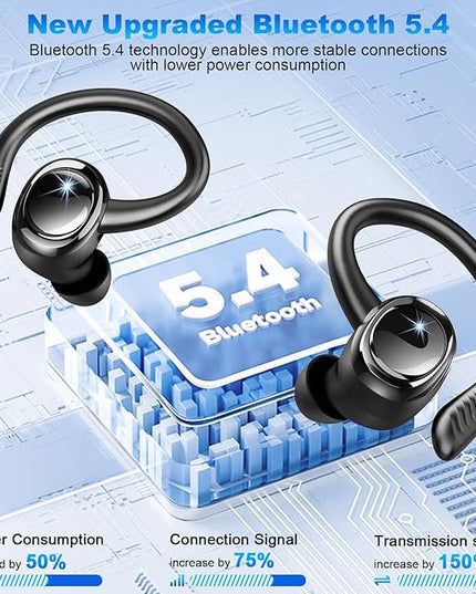 Wireless Earbuds Sport, New Bluetooth 5.4 Headphones with Earhooks, 50H Stereo Deep Bass Over Ear Buds with 4 ENC Noise Canceling Mics, IP7 Waterproof Earphones for Running Workout Gym -Black