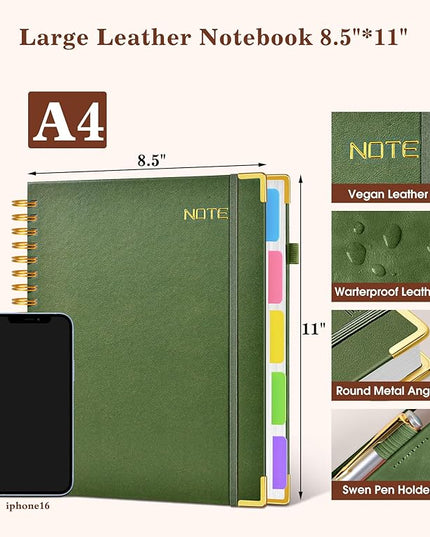 Hardcover Large Spiral Notebook 8.5" x 11" with Removable Dividers Tabs, 300 pages Leather 5 Subject Notebook College Ruled, A4 Journal for Women Men, Notebooks for Work School Note taking, Green