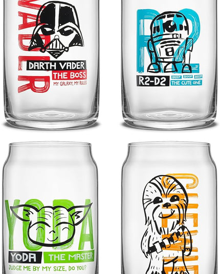 JoyJolt Star Wars Now Playing Collection Tumblers, 16.9oz Classic Can Shape Glass Tumbler Set of 4 w/Glass Straws