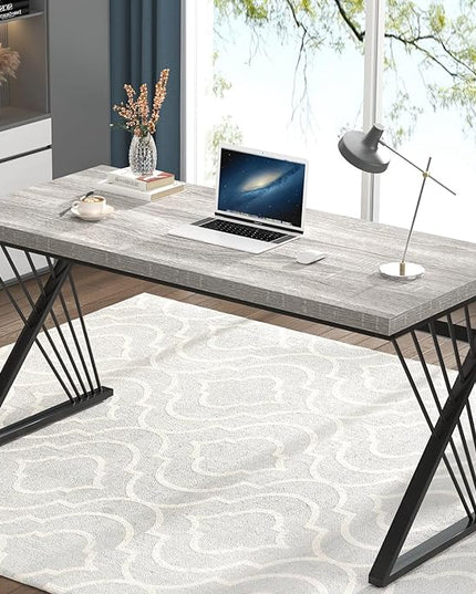 FOLUBAN Modern Desk, Rustic Wood and Metal Computer Desks for Home Office, Simple Study Writing Work Table for Bedroom Living Room, Light Grey, 60 Inch
